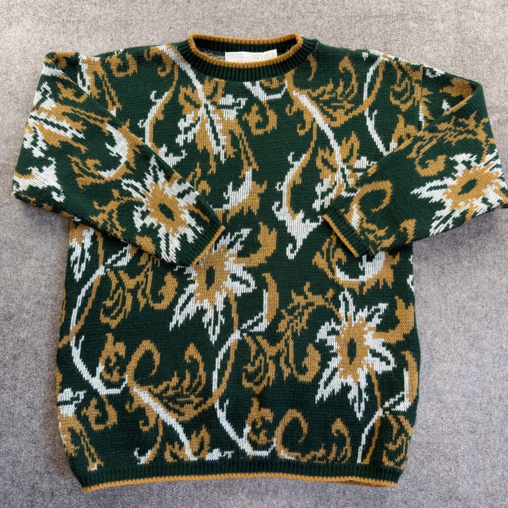 Vintage United States Sweaters Mens Medium M Green Floral Knit Pullover 90s USA